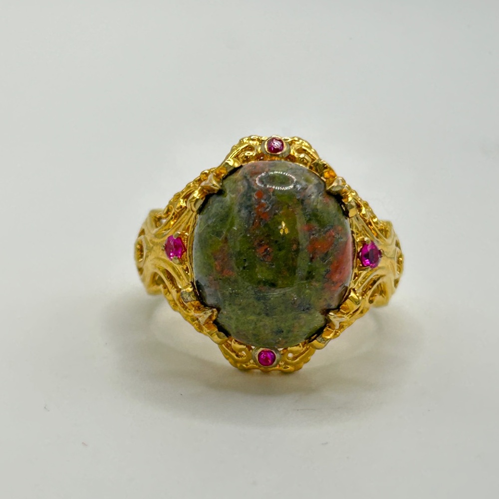 Unakite and Garnet Ring; Size 7; GdB